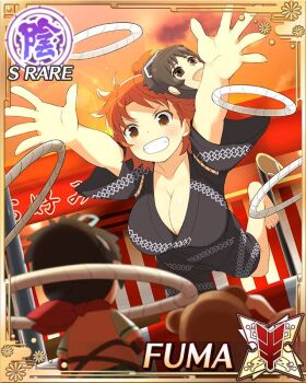 1girl asuka_(senran_kagura) black_kimono breasts brown_eyes card_(medium) cleavage festival fuma_(senran_kagura) game_cg grin hair_ribbon japanese_clothes kimono large_breasts mask mask_on_head medium_hair midair non-web_source official_alternate_costume official_art orange_hair ribbon ring_toss senran_kagura senran_kagura_new_wave smile solo sunset topknot