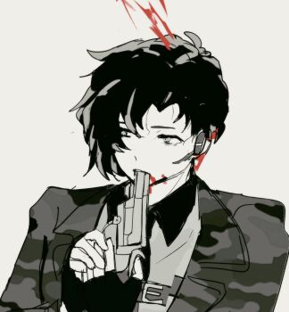 1boy blood camouflage camouflage_jacket chest_harness collared_shirt divewet3 earpiece fingerless_gloves gloves gun handgun hands_up harness highres holding holding_gun holding_weapon jacket lapels library_of_ruina liwei_(project_moon) male_focus microphone necktie notched_lapels open_mouth project_moon shirt simple_background solo spot_color suicide weapon