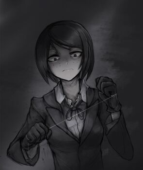 1girl angry black_background black_eyes black_hair black_ribbon breasts danganronpa:_trigger_happy_havoc danganronpa_(series) eyebrows eyebrows_hidden_by_hair freckles frown garrote gloves greyscale highres ikusaba_mukuro jacket long_sleeves looking_down medium_breasts medium_hair monochrome murder_face neck neck_ribbon parted_bangs ribbon school_uniform shirt upper_body wire woman_soldier
