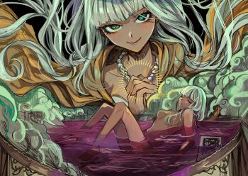 1girl bathing bead_necklace beads blood blunt_bangs blush breasts cloud commentary_request completely_nude danganronpa_(series) danganronpa_v3:_killing_harmony dark-skinned_female dark_skin eyelashes ganguro gyaru hair_down hamipuro highres jewelry long_hair looking_at_viewer low_twintails medium_breasts necklace nude own_hands_together partial_commentary pink_blood raincoat slit_pupils smile twintails wet wet_hair white_hair yellow_raincoat yonaga_angie