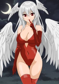 1girl angel angel_wings bare_shoulders breasts cleavage cloud commentary_request covered_navel crescent_moon elbow_gloves feathered_wings final_fantasy final_fantasy_tactics finger_to_mouth gloves grey_hair head_wings highres large_breasts leotard looking_at_viewer moon night red_eyes red_gloves red_leotard red_thighhighs sky smile solo strapless strapless_leotard thigh_gap thighhighs ultima_(fft) wings yuuyuu_(3jjbn)