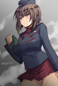 Rule 34 | 10s, 1girl, black hat, black jacket, brown eyes, brown hair, clipboard, closed mouth, cowboy shot, dated, dress shirt, female focus, garrison cap, girls und panzer, hat, highres, holding, jacket, kuromorimine military uniform, long sleeves, looking at viewer, military, military hat, military uniform, miniskirt, nishizumi maho, pleated skirt, red shirt, red skirt, shinshin, shirt, short hair, skirt, solo, standing, twitter username