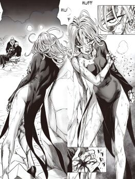 2boys 2girls ass bang_(one-punch_man) bare_shoulders bleeding blood blood_from_forehead bomb_(one-punch_man) breasts collarbone exhausted female_focus flat_chest fubuki_(one-punch_man) heel-less_shoes highres hole_in_head legs long_sleeves looking_at_another lying manga_page moaning monochrome multiple_boys multiple_girls murata_yuusuke no_bra no_panties official_art on_back one-punch_man ryona short_hair sleeveless small_breasts stitched sweat tatsumaki thighs third-party_edit wide_hips