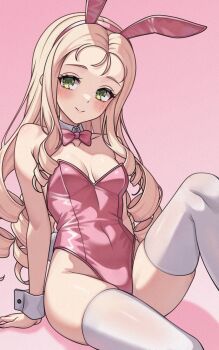 1girl aadka5 animal_ears blonde_hair blush bow bowtie breasts cleavage closed_mouth fake_animal_ears fake_tail girls_und_panzer green_eyes highres leotard long_hair looking_at_viewer marie_(girls_und_panzer) pink_background pink_bow pink_bowtie pink_leotard playboy_bunny rabbit_ears rabbit_tail simple_background small_breasts smile solo tail thighhighs white_thighhighs