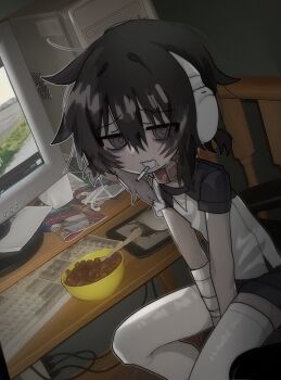 1girl bags_under_eyes bandaged_arm bandaged_leg bandages bandaid black_eyes black_hair computer drugs_neko food highres horns indoors original shirt short_sleeves shorts sitting solo
