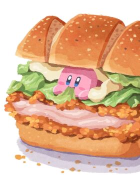 blue_eyes blush_stickers commentary_request eating food food_focus highres in_food kirby kirby_(series) lettuce meat miclot nintendo no_humans sandwich simple_background white_background