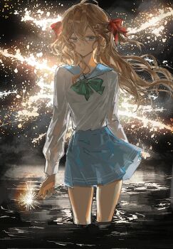 1girl ahoge blue_eyes blue_sailor_collar blue_skirt bow bowtie brown_hair commentary cowboy_shot english_commentary fireworks green_bow green_bowtie hair_between_eyes hair_ornament hair_ribbon heart heart_hair_ornament highres holding holding_fireworks liquain long_hair long_sleeves looking_at_viewer neuro-sama parted_lips red_ribbon ribbon sailor_collar school_uniform serafuku skirt solo two_side_up vedal_ai virtual_youtuber wading white_serafuku
