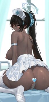 1girl alternate_costume anal anal_object_insertion arm_strap ass bar_censor black_hair blue_archive blush breasts butt_plug censored commentary_request dark-skinned_female dark_skin dishwasher1910 embarrassed from_behind halo heart-shaped_butt_plug highres jewel_butt_plug karin_(blue_archive) large_breasts long_hair looking_at_viewer looking_back nipples no_panties nurse object_insertion open_mouth pleated_skirt ponytail pussy sex_toy sitting skirt soles solo sweat thighs wariza white_skirt yellow_eyes