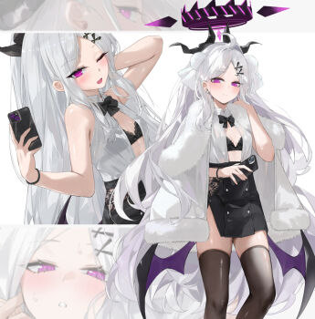 Rule 34 | 1girl, ahoge, alternate costume, black bow, black bowtie, black bra, black halo, black horns, black skirt, black thighhighs, blue archive, blush, bow, bowtie, bra, breasts, cellphone, closed mouth, commentary request, dema hmw, demon wings, hair ornament, hairclip, halo, hand up, highres, hina (blue archive), holding, holding phone, horns, lace, lace-trimmed bra, lace trim, long hair, looking at viewer, low wings, multiple horns, multiple views, one eye closed, open clothes, open mouth, open shirt, phone, purple eyes, shirt, skirt, small breasts, smartphone, smile, standing, thighhighs, underwear, very long hair, white hair, white shirt, wings