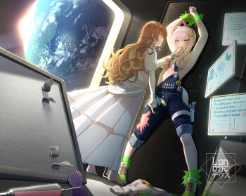 2girls airani_iofifteen airani_iofifteen_(1st_costume) anya_melfissa armpits arms_up artist_logo barefoot blue_overalls breasts broken broken_chain brown_hair chain clenched_hand commission cuffs denim_overalls dress earth_(planet) green_footwear green_ribbon grey_hair hair_bun hair_ribbon hololive hololive_indonesia landacdeus logo long_hair long_tongue medium_breasts multicolored_ribbon multiple_girls overalls paint_on_clothes paint_splatter paint_splatter_on_face paint_tube paintbrush palette_hair_ornament palette_print pants pants_rolled_up pink_ribbon planet polka_dot polka_dot_ribbon pouch purple_eyes rape restrained ribbon saliva shackles shirt shoes three-quarter_sleeves sneakers space spacecraft striped_ribbon sun sweater syringe thigh_pouch tongue tongue_grab unworn_sweater very_long_tongue virtual_youtuber white_dress white_shirt white_sweater yuri
