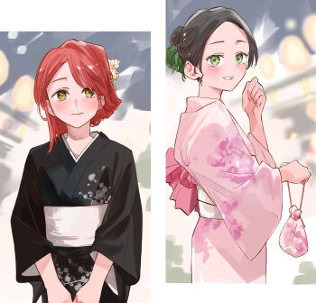 2girls alternate_hairstyle bag black_hair black_kimono blurry blurry_background blush floral_print floral_print_kimono forehead gradient_hair green_eyes green_hair hair_ornament hairstyle_request hand_up handbag haruruhaharur highres holding holding_bag japanese_clothes kimono looking_at_viewer looking_back love_live! love_live!_nijigasaki_high_school_idol_club medium_hair multicolored_hair multiple_girls obi parted_bangs pink_kimono print_kimono red_hair sash smile split_screen standing takasaki_yu uehara_ayumu updo v_arms yellow_eyes