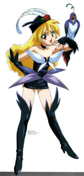 1990s_(style) 1girl :d animal_on_arm bare_shoulders bird bird_on_arm black_boots black_dress black_gloves black_hat black_thighhighs blonde_hair boots dress female_focus fingerless_gloves full_body gloves hat head_tilt highres long_hair looking_at_viewer mahou_shoujo_pretty_sammy nail_polish official_art open_mouth orange_eyes pixy_misa red_nails retro_artstyle short_dress simple_background smile solo standing strapless strapless_dress thigh_boots thighhighs tube_dress white_background