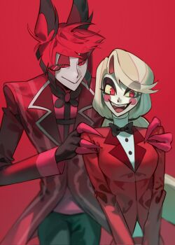 1boy 1girl alastor_(hazbin_hotel) blonde_hair charlie_morningstar commentary_request formal_clothes grabbing_another&#039;s_shoulder hazbin_hotel hellaverse highres long_hair looking_at_viewer red_background red_eyes red_hair shiromachi94 short_hair simple_background smile suit