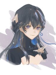 Rule 34 | 1girl, absurdres, black hair, black shrug, blue hair, blue ribbon, colored inner hair, covered collarbone, cropped torso, gold ribbon, hair between eyes, hair ribbon, highres, light particles, light smile, looking at viewer, mechanical flower, mriyak, multicolored hair, portrait, punishing: gray raven, ribbon, selena: capriccio (punishing: gray raven), selena (punishing: gray raven), shrug (clothing), sidelocks tied back, solo, white background