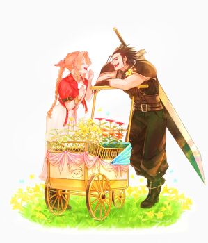 1boy 1girl aerith_gainsborough armor baggy_pants black_hair bracelet braid braided_ponytail brown_hair bug buster_sword butterfly closed_eyes commentary_request couple crisis_core:_final_fantasy_vii cross_scar facial_scar facing_another final_fantasy final_fantasy_vii final_fantasy_vii_remake flower full_body gloves grass hair_ribbon high_ponytail highres insect jacket jewelry long_hair mario_(2669431) open_mouth pants parted_bangs pink_ribbon pink_sweater ponytail red_jacket ribbon scar scar_on_cheek scar_on_face shoulder_armor sleeveless sleeveless_turtleneck smile spiked_hair standing sweater turtleneck turtleneck_sweater wagon yellow_flower zack_fair