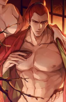 1boy 1girl abs alcohol an_ling_withered branch breasts cleavage cup hand_on_another&#039;s_shoulder head_out_of_frame highres japanese_clothes kibagami_genjuro kimono long_hair male_focus muscular muscular_male open_clothes open_kimono out_of_frame pectorals ponytail red_eyes red_hair red_kimono sakazuki sake samurai_spirits scar scar_on_shoulder solo v-shaped_eyebrows