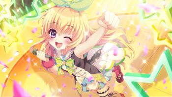 1girl :d arm_up audience black_dress blonde_hair blurry blurry_foreground blush bow breasts brooch clenched_hand concert confetti dot_nose dress film_grain from_above game_cg glowstick green_bow hair_bow hasegawa_mii holding holding_microphone izumi_tsubasu jewelry lens_flare light_rays long_hair microphone non-web_source official_art one_eye_closed open_mouth pink_scrunchie purple_eyes re:stage! red_shoes scrunchie shoes short_dress sleeveless sleeveless_dress small_breasts smile solo sparkle sparkling_eyes stage standing standing_on_one_leg star_(symbol) star_brooch striped_bow teeth upper_teeth_only wrist_scrunchie