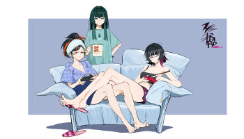 3girls absurdres animal_ears bare_legs barefoot black_hair blue_shirt breasts checkered_clothes checkered_shirt controller couch cup game_controller green_eyes green_hair green_shirt highres holding holding_controller holding_cup holding_game_controller jane_doe_(zenless_zone_zero) large_breasts legs_on_another's_lap long_hair medium_breasts mouse_ears multicolored_hair multiple_girls nail_polish on_couch orange_eyes qingyi_(zenless_zone_zero) shirt simple_background sitting slippers standing streaked_hair tizibade toenail_polish toenails unworn_slippers zenless_zone_zero zhu_yuan