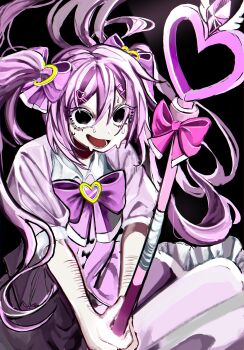 1girl :d absurdres aegyo_sal chest_bow commentary cowboy_shot crazy_grin dilated_pupils dress hair_between_eyes hair_ornament hairclip heart highres holding holding_staff long_hair n_neko_mizu open_mouth original pink_dress pink_hair puffy_sleeves self-harm sidelocks smile solo staff sweatdrop symbol-only_commentary twintails very_long_hair wrist_cutting