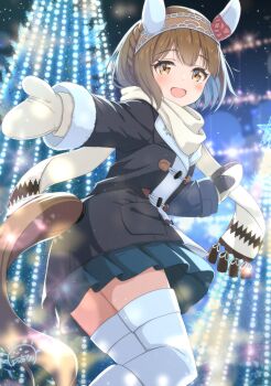 1girl animal_ears black_coat blue_skirt blush boots braid breasts brown_eyes brown_hair christmas_lights coat commentary_request crown_braid ear_covers gamyuu_(gamyu) headband highres horse_ears horse_girl horse_tail long_sleeves looking_at_viewer medium_hair mittens open_mouth outdoors pleated_skirt scarf skirt smile solo tail thighhighs umamusume white_boots white_mittens white_scarf white_thighhighs winter_clothes winter_coat yukino_bijin_(umamusume)