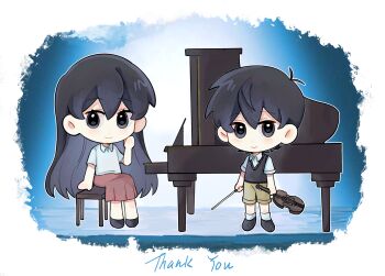 1boy 1girl ankle_socks antenna_hair arm_support arms_at_sides bare_arms black_eyes black_hair black_shoes black_sweater_vest blue_background border bow_(music) brother_and_sister brown_shorts brown_skirt closed_mouth collared_shirt double-parted_bangs flat_chest full_body gongs0313 grand_piano hair_behind_ear hair_between_eyes hand_on_own_cheek hand_on_own_face hand_up highres holding holding_bow_(music) holding_instrument holding_violin instrument long_hair looking_at_viewer mari_(faraway)_(omori) mari_(omori) medium_skirt omori on_bench outline piano piano_bench shirt shoes short_hair short_sleeves shorts siblings simple_background sitting skirt smile socks spoilers stage standing straight_hair sunny_(omori) sweater_vest very_long_hair very_short_hair violin white_border white_outline white_shirt white_socks