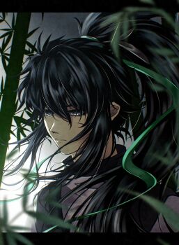 1boy absurdres black_hair closed_mouth commentary grey_eyes hair_between_eyes highres letterboxed long_hair luna_(tdvt7332) male_focus portrait qiuyuan_(wuthering_waves) solo wuthering_waves