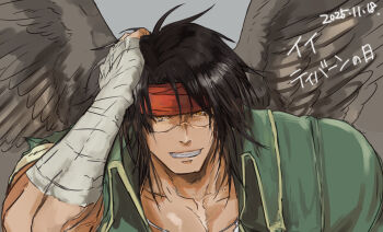 1boy bird_boy brown_wings feathered_wings fire_emblem fire_emblem:_radiant_dawn headband highres kamabokozin muscular muscular_male nintendo pectorals red_headband scar scar_on_chest scar_on_face tibarn_(fire_emblem) wings