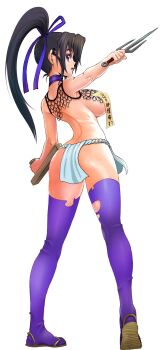 Rule 34 | 1girl, absurdres, armor, ass, asymmetrical dual wielding, back, bare shoulders, breasts, butt crack, chainmail, commentary request, convenient censoring, dual wielding, full body, fundoshi, hair ribbon, high ponytail, highres, holding, holding weapon, japanese clothes, kneepits, kousaka shigure, large breasts, matsuena shun, multiple weapons, official art, ofuda, ponytail, purple eyes, purple hair, purple ribbon, purple thighhighs, revealing clothes, ribbon, sai (weapon), shijou saikyou no deshi ken'ichi, sideboob, simple background, solo, thighhighs, thighs, tonfa, torn clothes, torn thighhighs, underboob, weapon, white background