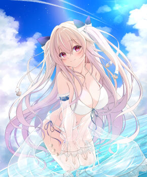 1girl anchorage_(azur_lane) anchorage_(dolphins_and_swim_lessons)_(azur_lane) azur_lane bare_shoulders bent_over bikini blush breasts cleavage closed_mouth cloud cloudy_sky commentary detached_sleeves hair_between_eyes hair_ornament hair_ribbon hands_on_lap highres large_breasts long_hair looking_at_viewer navel official_alternate_costume red_eyes ribbon see-through_clothes side-tie_bikini_bottom sky smile solo swimsuit thighhighs tomosuke very_long_hair wading white_bikini white_thighhighs