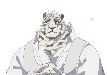 1boy 47fuse arknights closed_eyes commentary english_commentary facial_scar furry furry_male index_fingers_together male_focus mountain_(arknights) mountain_(book_reader)_(arknights) scar scar_across_eye scar_on_cheek scar_on_face shirt sketch sweatdrop upper_body white_background white_shirt