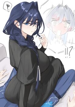 @_@ absurdres ass black_dress blue_eyes blue_hair blue_pants blue_shirt blush braid breasts collared_shirt dress dual_persona embarrassed hair_intakes highres hololive hololive_english hunk_404 long_hair long_sleeves looking_back multiple_girls official_alternate_costume ouro_kronii ouro_kronii_(4th_costume) ouro_kronii_(maid) pants pout selfcest shirt sitting sitting_on_lap sitting_on_person twin_braids virtual_youtuber yuri