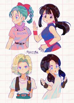 4girls android_18 aqua_hair black_gloves black_hair blonde_hair blue_eyes blush bob_cut braid braided_ponytail bulma chi-chi_(dragon_ball) closed_mouth cropped_vest dragon_ball dragonball_z earrings fingerless_gloves gloves highres jewelry lone_nape_hair multiple_girls necklace pearl_necklace ponytail sash shirt shirt_tucked_in short_sleeves sidelocks sleeveless smile t-shirt tokuura twintails vest videl wristband