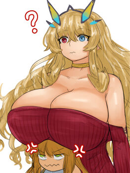 2girls ? anger_vein angry artoria_caster_(fate) artoria_pendragon_(fate) bare_shoulders barghest_(fate) barghest_(like_a_lady)_(fate) blonde_hair blush breast_envy breasts cleavage collarbone fate/grand_order fate_(series) green_eyes heterochromia highres horns huge_breasts jewelry long_hair long_sleeves multiple_girls neck_ring off-shoulder_sweater off_shoulder red_sweater steamingtofu sweater twintails