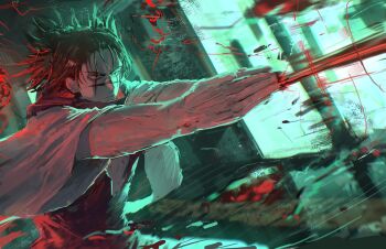 1boy absurdres blood blood_spray choso_(jujutsu_kaisen) closed_mouth commentary_request facial_mark hemokinesis highres jujutsu_kaisen kouchanthree looking_ahead male_focus own_hands_together robe short_twintails solo standing twintails upper_body white_robe