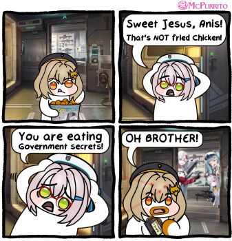 5girls admi_(nikke) anis_(nikke) arms_up artist_name beret blue_hair blush_stickers box breasts brown_hair chibi chicken_(food) commentary english_commentary english_text food fried_chicken glasses goddess_of_victory:_nikke green_eyes grey_hair gun hair_between_eyes hair_ornament hat highres holding holding_box holding_gun holding_weapon indoors laser laser_pointer_projection looking_at_viewer mcpurrito meme multiple_girls neon_(nikke) open_mouth privaty_(nikke) speech_bubble sweet_jesus_pooh_that&#039;s_not_honey_(meme) triangle_(nikke) twintails upper_body weapon yulha_(nikke)