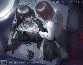 2girls ahoge between_legs black_gloves black_hair black_jacket black_thighhighs breasts cleavage closed_mouth collared_shirt deerwhisky dress_shirt earrings gloves gradient_hair hand_on_another&#039;s_chest highres jacket jewelry multicolored_hair multiple_girls nervous_sweating path_to_nowhere rahu_(path_to_nowhere) red_hair shalom_(path_to_nowhere) shirt sidelocks sweat thighhighs white_hair white_shirt yuri