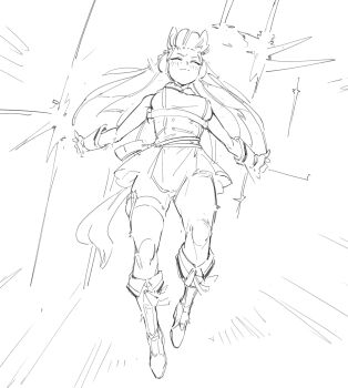 Rule 34 | 1girl, animal ears, blush, boots, breasts, dress, gold ship (umamusume), horse ears, horse girl, horse tail, jumping, kida eve, large breasts, long hair, monochrome, motion lines, outstretched arms, pose imitation, solo, sparkle, tail, thighs, umamusume