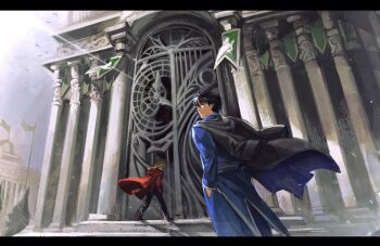 2boys black_boots black_border black_coat black_hair black_pants blonde_hair blue_jacket blue_pants boots border braid coat coat_on_shoulders edward_elric european_architecture full_body fullmetal_alchemist hair_between_eyes hashtag-only_commentary highres jacket letterboxed long_coat long_hair male_focus multiple_boys pants pillar red_coat roy_mustang short_hair single_braid sseunana sunlight upper_body walking