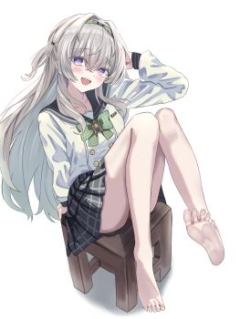 1girl absurdres arm_behind_back bare_arms black_sailor_collar blush bow chair firefly_(honkai:_star_rail) firefly_(spring_missive)_(honkai:_star_rail) green_bow grey_hair grey_skirt hair_between_eyes hair_ornament highres honkai:_star_rail honkai_(series) long_sleeves looking_at_viewer official_alternate_costume on_chair open_mouth pink_eyes plaid_bow plaid_clothes plaid_skirt pleated_skirt rn_(rena) sailor_collar school_uniform serafuku shirt simple_background skirt smile solo white_background white_shirt