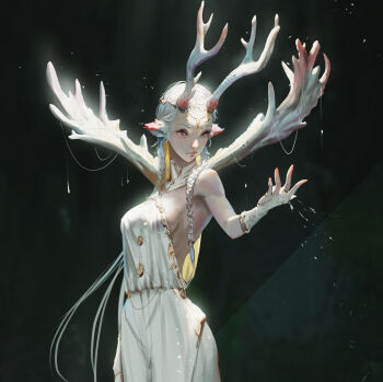 1girl absurdres animal_ears antlers arm_at_side backless_dress backless_outfit backlighting braid bridal_gauntlets character_name collar dark_background deer_ears detached_collar dress full_body gold_trim hair_ornament highres horns looking_at_viewer original red_eyes rui_li solo standing twin_braids white_collar white_dress white_hair white_horns
