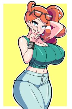 1girl absurdres arm_up black-framed_eyewear breasts cleavage commentary english_commentary eyewear_on_head green_eyes green_shirt hair_ornament heart heart_hair_ornament highres kagamisama29 large_breasts looking_at_viewer midriff navel nintendo no_coat open_mouth orange_hair pants pokemon pokemon_swsh shirt side_ponytail smile sonia_(pokemon) v yellow_background