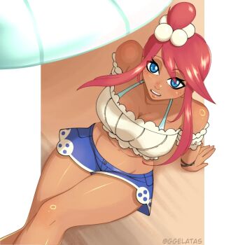 1girl bare_shoulders blue_eyes breasts cleavage crop_top dark-skinned_female dark_skin detached_sleeves from_above ggelatas large_breasts nintendo pokemon pokemon_bw pokemon_masters_ex shorts sitting skyla_(pokemon) skyla_(summer_2025)_(pokemon) teeth upper_teeth_only