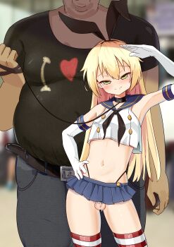 2boys absurdres arm_at_side arm_up armpits belt belted_pants black_choker black_hairband black_neckerchief black_shirt blonde_hair blue_sailor_collar blue_skirt blurry blurry_background blush brown_belt buttons chastity_cage chastity_cage_emission chastity_cage_strap chest_height chinese_commentary choker contrapposto cowboy_shot crop_top crossdressing crossdressing_(mtf) double-breasted elbow_gloves exhibitionism fat fat_man flat_chastity_cage gloves green_eyes grey_pants hair_between_eyes hairband hand_on_own_hip hand_up height_difference highres holding holding_leash i_heart... kantai_collection leash long_hair looking_at_viewer male_focus metal_chastity_cage microskirt midriff multiple_boys narrowed_eyes navel neckerchief outdoors pants panty_straps pleated_skirt public_indecency raised_inner_eyebrows red_thighhighs revealing_clothes sailor_collar salute shimakaze-kun shimakaze_(kancolle) shirt short_sleeves sidelocks skirt small_chastity_cage small_sweatdrop small_testicles smile solo_focus split_mouth standing straight-on striped_clothes striped_thighhighs testicles thighhighs trap tsurime very_long_hair white_gloves white_shirt yaoi yellow_trim z2byytla