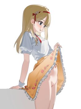 1girl absurdres blonde_hair blue_eyes cleft_of_venus clothes_lift commentary_request commission cowboy_shot cross_tie expressionless eyewear_strap floral_print flower frilled_skirt frills from_side glasses hair_flower hair_ornament hairband highres korean_commentary lifting_own_clothes long_hair navel no_panties original puffy_short_sleeves puffy_sleeves pussy red_cross_tie red_hairband round_eyewear shai_(black_desert) shirt shirt_tucked_in short_sleeves simple_background skirt skirt_lift solo sway_back uncensored white_background white_shirt white_wrist_cuffs wrist_cuffs yellow-framed_eyewear yellow_skirt yunjuice