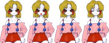 1girl blonde_hair bob_cut brown_eyes closed_eyes collarbone colored_sclera colored_skin fangs hair_ornament heartlovepowertemple non-web_source off-shoulder_shirt off_shoulder official_art open_mouth parted_bangs poja rabbitmaiden_softworks red_sclera red_shorts rgb_paw shirt short_hair shorts skin_fangs smile sprite_sheet transparent_background white_skin yogurt200