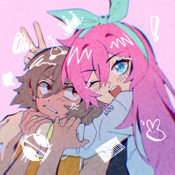 Rule 34 | !, ;d, aegyo sal, anger vein, annoyed, aqua hairband, arm up, artist name, aubrey (faraway) (omori), aubrey (omori), bare arms, bare shoulders, black shirt, blue eyes, bow hairband, brown eyes, brown hair, chromatic aberration, clenched teeth, commentary, dark-skinned male, dark skin, double-parted bangs, drawn crown, english commentary, film grain, forest bunny (omori), hair between eyes, hair intakes, hairband, hands up, heads together, hug, hug from side, jacket, kel (faraway) (omori), kel (omori), long hair, long sleeves, looking at another, looking at viewer, looking back, nourangejoe, omori, one eye closed, open clothes, open jacket, open mouth, orange tank top, personality switch, pink background, pink hair, round teeth, shirt, short hair, simple background, smile, sprout mole, squiggle, tank top, teeth, upper body, upper teeth only, v, v-shaped eyebrows, white jacket