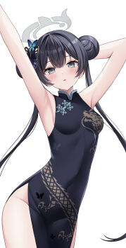 1girl arm_up armpits black_dress blue_archive blush breasts butterfly_hair_ornament china_dress chinese_clothes commentary_request double_bun dragon_print dress grey_halo hair_bun hair_ornament halo highres kisaki_(blue_archive) looking_at_viewer nakaji_(user_snap3353) sleeveless sleeveless_dress small_breasts solo twintails