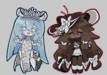 2girls android animal_ears black_boots black_scarf blue_eyes blue_hair boots bow brown_hair brown_hat brown_pantyhose brown_scarf closed_eyes closed_mouth colored_skin commentary_request dark-skinned_female dark_skin dress eunoia_(frozen_soul) frozen_soul grey_background hair_bow hand_up hat humanization korean_commentary long_hair low-tied_sidelocks multiple_girls nashatra_bealdhild pantyhose raccoon_ears raccoon_girl raccoon_tail roblox scarf sidelocks simple_background skin_seams smile snow_leopard_ears snow_leopard_girl snow_leopard_tail sweater tail tiara very_long_hair white_bow white_dress white_skin white_sweater yamblox