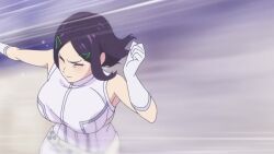 1boy 1girl animated anime_screenshot black_hair bouncing_breasts breast_slap breasts closed_eyes face_to_breasts gloves green_eyes highres large_breasts pants red_hair running sakurama_hibiki sentai_daishikkaku sentouin_d shirt sleeveless sleeveless_shirt sound tagme usukubo_angel video white_gloves white_pants white_shirt