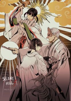 1boy 2girls artist_name bell black_eyes black_hair black_nails chihaya_(clothing) claws closed_eyes closed_mouth cloud commentary_request copyright_name fingernails folded_fan folding_fan fox_mask fox_mask_(silent_hill) hair_ribbon hakama hakama_skirt halo hand_fan highres holding holding_fan igarashi_sakuko japanese_clothes jingle_bell kagura_suzu kimono light_smile long_hair long_sleeves low_ponytail mask miko multiple_girls nanathuika pink_ribbon ponytail red_hakama ribbon robe shimizu_hinako short_hair short_twintails silent_hill_(series) silent_hill_f skirt twintails twitter_username white_hair white_kimono white_robe wide_sleeves